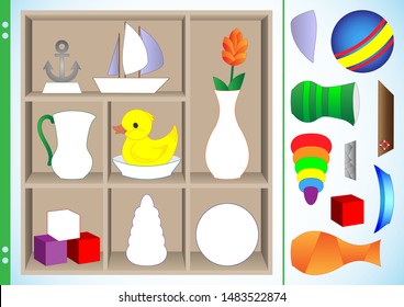 Cut objects and place them on shelves in the closet in accordance with the picture and glue. Task for children to practice fine motor skills. Worksheet for printing. Vector illustration