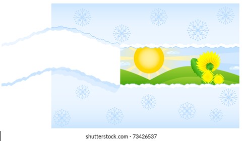 Cut off a piece of paper with the snowflakes that can be seen through a green field with dandelions