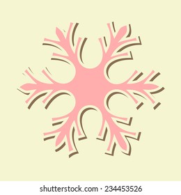 Cut off pink snowflake with shadow over yellow background.
