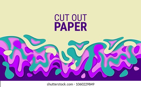 Cut off wavy sheets of paper. Bright colorful vector layers. 3D abstract relief image. Green and ultraviolet waves on a light background. Kraft style. Origami. The art of carving. Modern design. 