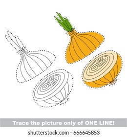Cut Onion to be traced only of one line, the tracing educational game to preschool kids with easy game level, the colorful and colorless version.