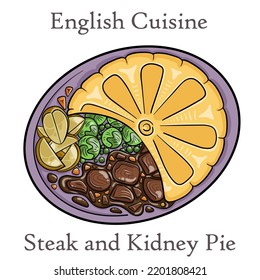 Cut open Steak and Kidney Pie on white background. Beef meat pie with vegetables and gravy