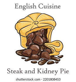 Cut open Steak and Kidney Pie on white background. Beef meat pie with vegetables and gravy