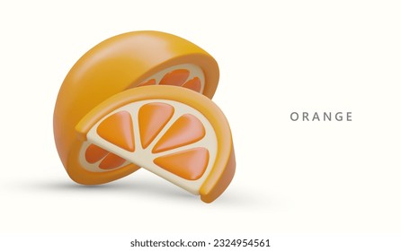 Cut orange in cartoon style. Juicy mandarin slices. Citrus ingredients for cooking, cosmetology. Vector 3D image on white background. Place for slogan, advertising offer