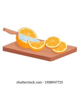 Cut orange fruits isometric vector illustration. Cartoon 3d juicy slices of citrus fruits for cooking orange fresh citric cocktail or vitamin juice, knife slicing on wooden board isolated on white background