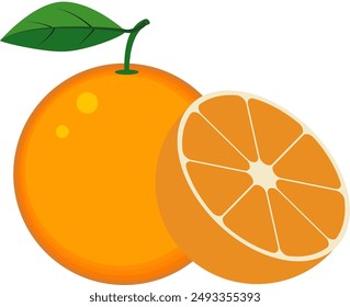 Cut orange fruits. leaves and Orange slice. vector