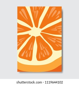 cut orange template card, slice fresh fruit poster on white background, magazine cover vertical layout brochure poster, flat design, healthy lifestyle or diet concept vector illustration