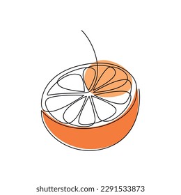 Cut orange vector. One line continuous hand drawn illustration. Minimal linear silhouette. Citrus fruit icon. Graphic design, print, banner, card, wall art poster, brochure, logo, menu, sign, symbol.