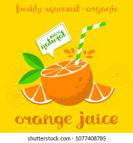 Cut oranges and drinking straw composition signed fresh orange juice. Flat style illustration with handwritten inscription. Editable vector shapes. 