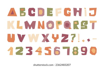 Cut Out Alphabet. Kids style colorful paper cut font. Alphabet letters, numbers and individual punctuation marks for writing texts