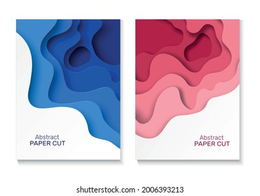 Cut out background paper. Abstract paper cut shapes, colourful curved layers with shadow. Blue and pink waves, banner or poster vertical template with copy space, flyer or brochure vector set