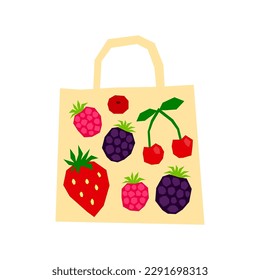 Cut out berries in grocery bag isolated on white background. Organic summer berries in eco friendly package. Healthy food concept.
