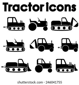 Cut Out Black Various Tractor and Construction Machinery Icon set isolated on white background.