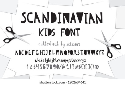 Cut out black white scandinavian paper alphabet font on dark paper and frame with blank note paper corners. Uppercase and lowercase numerals and punctuation. Vector illustration stock vector.