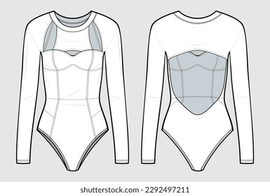 Cut out Bodysuit technical sketch. Round-neck swimsuit with long sleeves. One Piece Swimsuit vector flat template. fashion illustration. front and back view. isolated in white colour. CAD mock-up set.