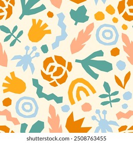 Cut Out Botanical Seamless Pattern. Colorful Abstract background with paper nature elements. Cute childish print for card textile wallpaper