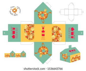 Cut out box template with Roscon de Reyes (King’s cake). Spanish traditional Christmas pastry. Vector illustration