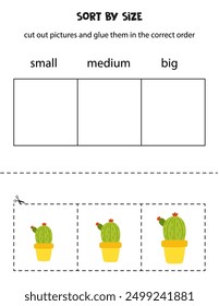 Cut out cacti in pots and sort them by size. Small, medium or big. Educational worksheet.