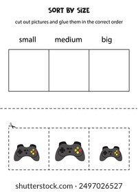 Cut out cartoon joystick and sort them by size. Small, medium or big. Educational worksheet.