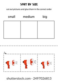 Cut out cartoon megaphones and sort them by size. Small, medium or big. Educational worksheet.