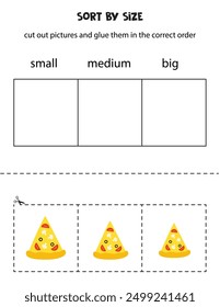 Cut out cartoon pizza slices and sort them by size. Small, medium or big. Educational worksheet.