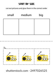 Cut out cartoon radio sets and sort them by size. Small, medium or big. Educational worksheet.