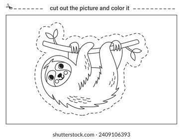 Cut out cartoon sloth and color it. Black and white worksheet for kids. Cutting practice for preschoolers.