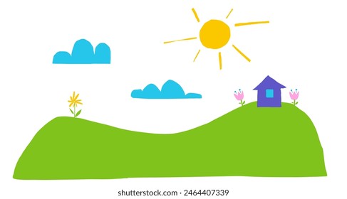 Cut out childish landscape with house and sky and sun and flowers. Simple naive shape collage. 