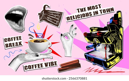 Cut out coffee collage stickers. Halftone hand holding a cup of cappuccino, coffee machine, screaming female lips. Scattered notes with positive quotes and inscriptions on paper.