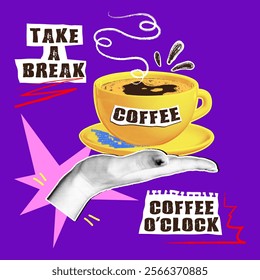 Cut out coffee collage stickers. Halftone hand holding a cup of cappuccino. Scattered notes with positive quotes and inscriptions on paper, trendy cafe elements.