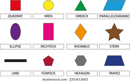 Cut out colored figures and black names for them on Deutch. Train, connect, look for a figure and a name for it. Study geometric figures. Collect geometric figures and names for them in pairs