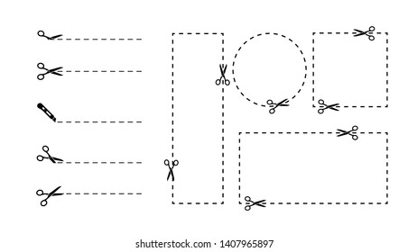 Cut out coupon different shape with scissors. Set of coupon borders. Cut along the dotted line. Cut line and scissors vector illustration