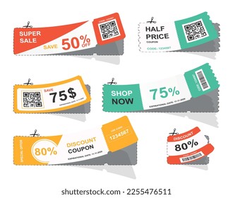 Cut out coupons set. Collection of graphic elements for website. Promotion of goods and services. Loyalty program and special offer. Cartoon flat vector illustrations isolated on white background