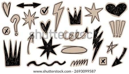 Cut out crayon elements. Playful scrapbook doodle stars, arrows, crown, lightnings for collage and zine design. Vector torn craft paper shapes with funky scribbles with chalk strokes texture
