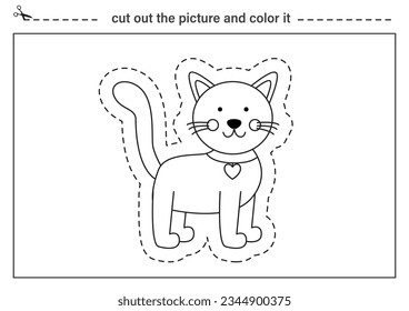 Schneide süße Katze aus und färbe sie. Schwarz-Weiß-Arbeitsblatt für Kinder. Zerlegen der Praxis für Vorschulen.