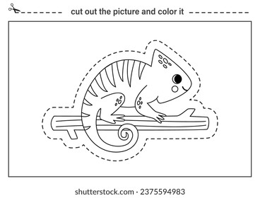 Cut out cute chameleon and color it. Black and white worksheet for kids. Cutting practice for preschoolers.