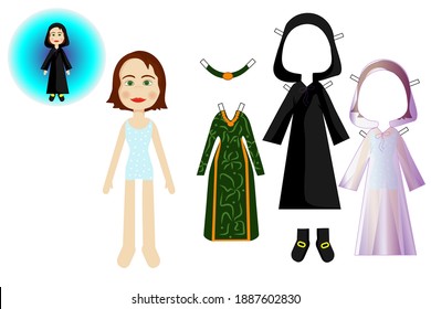 Cut out and dress up the Little Sorceress. The set includes an invisibility cloak, a school uniform and a dress for the ball.Paper doll for printing. Cartoon style. Vector illustration.