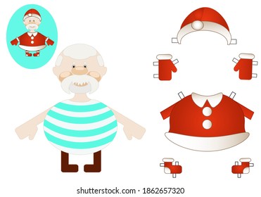 Cut out and dress up Santa Claus. Paper doll printable. Cartoon style. Vector illustration. 