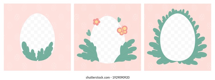 Cut out Easter egg frame inside with leaves, flower and butterfly . Applicable for social media stories, posts. Easter frame on pink background. Vector illustration