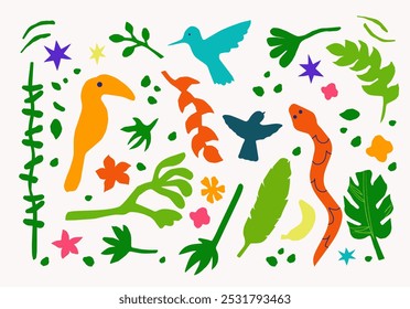 
Recortar los Elementos para una serpiente, pájaros y hojas tropicales aisladas. Forma de recorte de papel contemporáneo. El conjunto de la universidad. Vector dibujado a mano obras de arte en el estilo de una aplicación para niños en colores brillantes