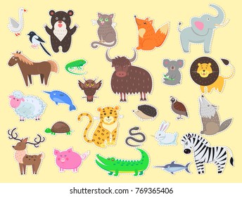 Cut out exotic, domestic and farm animals poster with yellow background. Vector flat colorful banner of live creatures signs for cutting and children's playing. Mammals,insects and wildlife characters