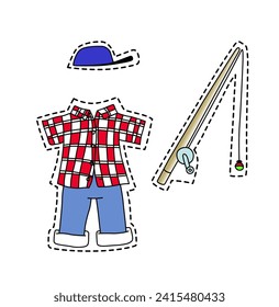 Corte de la ropa de pescador, incluida la barra de pesca. Colorida ilustración vectorial de estilo caricatura aislada en fondo blanco.