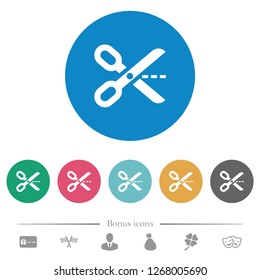 Cut out flat white icons on round color backgrounds. 6 bonus icons included.