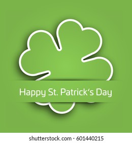Cut out four leaf clover attached in the green paper pocket. St Patricks Day card with text label. EPS10 vector illustration.