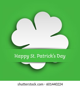 Cut out four leaf clover attached in the green paper pocket. St Patricks Day card. EPS10 vector illustration.