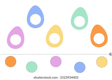 Recorte e cole círculos coloridos em ovos de Páscoa. Aprendendo a cortar. Jogo para crianças. Cartões escolares para crianças. Planilha de páginas de atividade pré-escolar com inserção recortada.
