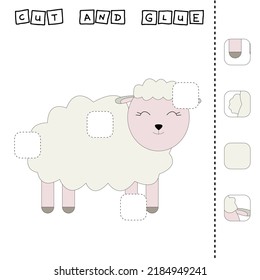 Cut out and glue. Educational game for children. Vector template with sheep