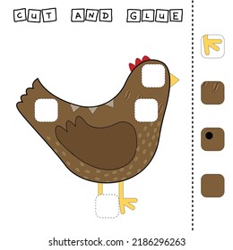 Cut out and glue. Educational game for children. Vector template with chicken