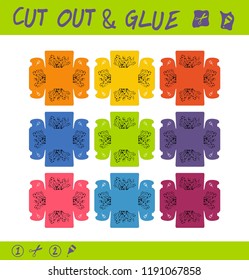 Cut out and glue educational paper game for children. Use scissors and glue to create colored boxes for small things, trifles, trinkets etc