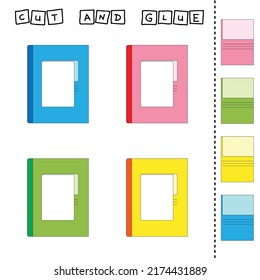 Cut out and glue the part of the notebook to its pair.Preschool worksheet, kids activity worksheet, printable worksheet
